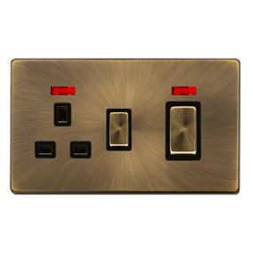 Antique Brass Screwless Plate Cooker Control Ingot 45A With 13A Switched Plug Socket & 2 Neons - Black Trim - SE Home