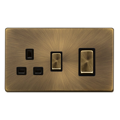 Antique Brass Screwless Plate Cooker Control Ingot 45A With 13A Switched Plug Socket - Black Trim - SE Home