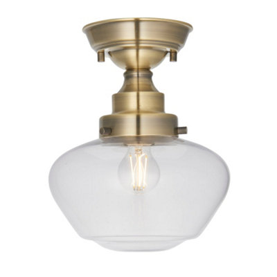 Antique Brass Semi Flush Ceiling Light Fitting & Clear Glass Shade Low Profile