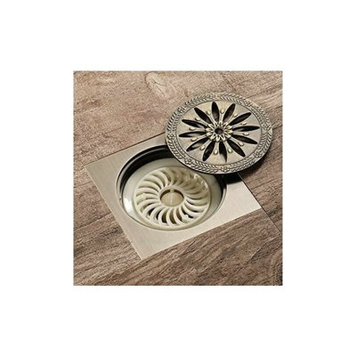 Antique Brass Shower Drain, Square Anti odor Floor Drain Shower Grid for Bathroom Large Caliber 10 x 10 cm, Bathroom Accessories