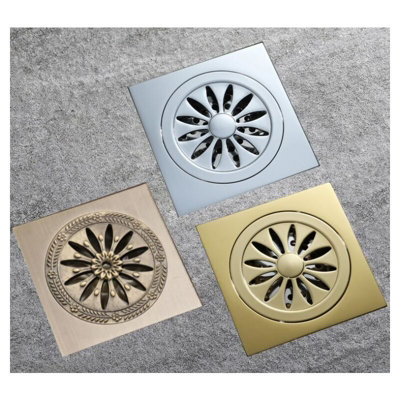 Antique Brass Shower Drain, Square Anti odor Floor Drain Shower Grid for Bathroom Large Caliber 10 x 10 cm, Bathroom Accessories