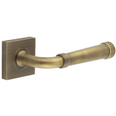 Antique Brass Square Door Handle with Rose Design for Elegant Interiors - Solid Brass Interior Handle