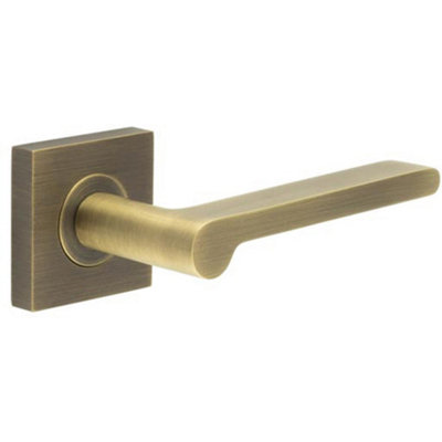 Antique Brass Square Door Handle with Rose Design - Solid Brass Interior Handle