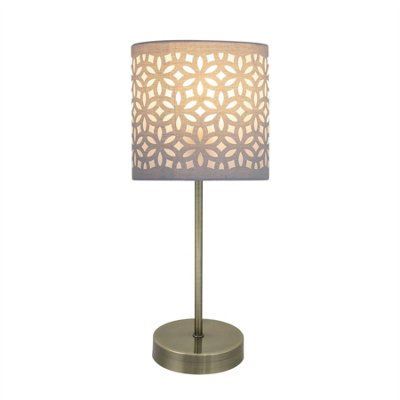 Antique Brass Stick Table Lamp with Grey Laser Cut Shade