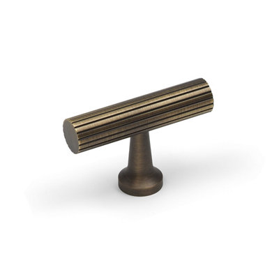 Antique Brass T-Bar Knob Kitchen Cabinet Reeded Grooved Gold 50mm