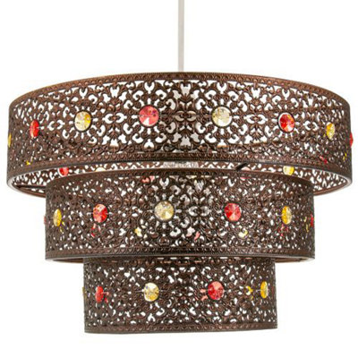 Antique Bronze Acrylic Gem Moroccan Style Triple Tier Pendant Lighting Shade