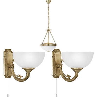 Antique Bronze Ceiling Pendant Light with Matching Wall Sconces and Satin Glass Shades