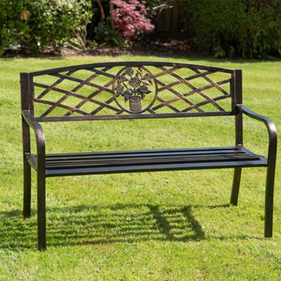 Antique Bronze Effect Metal Garden Bench - Weatherproof Outdoor Seating with Cast Iron Floral Insert - H87 x W128 x D54cm