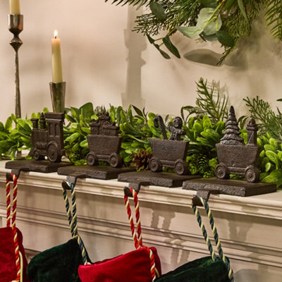 Antique Brown 4 Section Train Decorative Fireplace Stocking Holder Christmas Stocking Holder Set