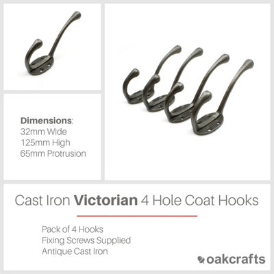 Antique Cast Iron Victorian 4 hole Round Stem Hat & Coat Hook 110mm - Pack of 4 Hooks