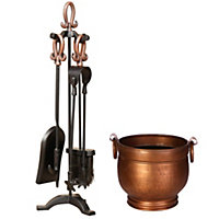 Antique Copper Handled Freestanding Fireside Companion Set with Round Footed Copper Bucket