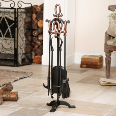 Antique Copper Handled Freestanding Fireside Companion Set with Round Footed Copper Bucket
