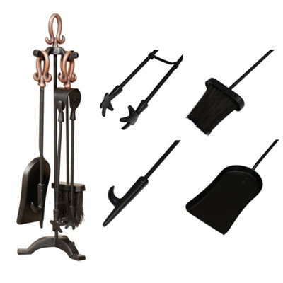 Antique Copper Handled Freestanding Fireside Companion Set with Round Footed Copper Bucket - 3