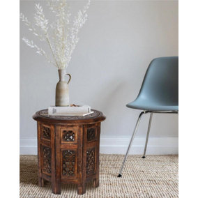 Antique Effect Round Carved Wooden Bedside Lamp Table Side End Coffee Table Brown, Extra Large 21"x21"x21" 54 cm
