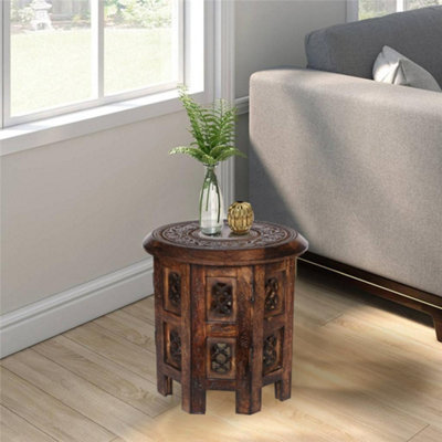 Antique Effect Round Carved Wooden Bedside Lamp Table Side End Coffee Table Large 45 x 45 x 45 cm