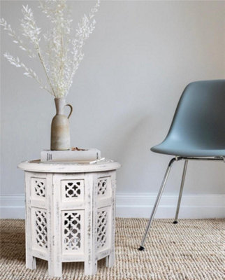Antique Effect Round Carved Wooden Bedside Lamp Table Side End Coffee Table Medium 38 x 38 x 38 cm