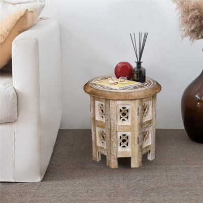 Antique Effect Round Carved Wooden Bedside Lamp Table Side End Coffee Table Small 30 x 30 x 30 cm