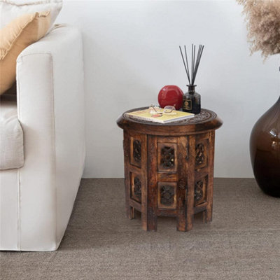 Antique Effect Round Carved Wooden Bedside Lamp Table Side End Coffee Table Small 30 x 30 x 30 cm