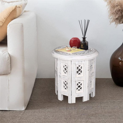 Antique Effect Round Carved Wooden Bedside Lamp Table Side End Coffee Table White, Small 12"x12"x12" 30.5 cm