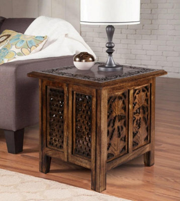 Antique Effect Square Carved Wooden Bedside Lamp Table Side End Coffee Tables Brown, Large 45x45x46 cm