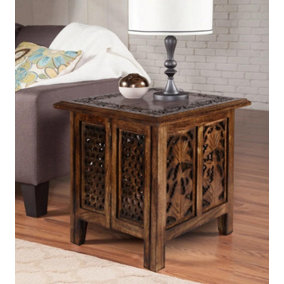 Antique Effect Square Carved Wooden Bedside Lamp Table Side End Coffee Tables Brown, Large 45x45x46 cm