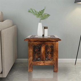 Antique Effect Square Carved Wooden Bedside Lamp Table Side End Coffee Tables Brown, Small 30x30x31 cm
