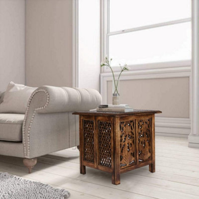 Antique Effect Square Carved Wooden Bedside Lamp Table Side End Coffee Tables Extra Large 54 x 54 x 56 cm