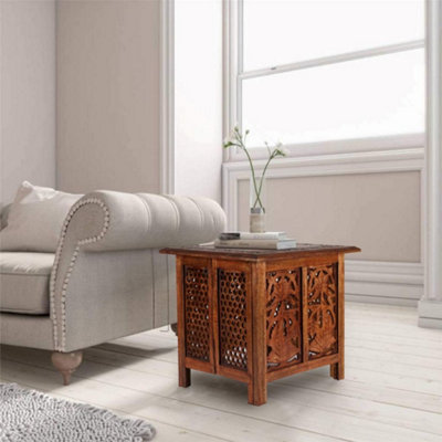 Antique Effect Square Carved Wooden Bedside Lamp Table Side End Coffee ...