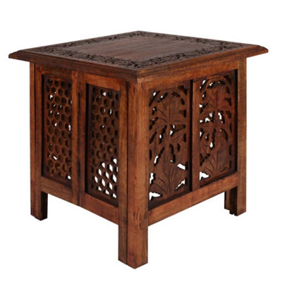 Antique Effect Square Carved Wooden Bedside Lamp Table Side End Coffee Tables Mahogany, Large 45x45x46 cm