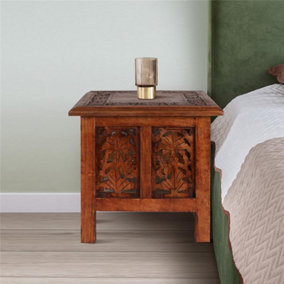 Antique Effect Square Carved Wooden Bedside Lamp Table Side End Coffee Tables Mahogany, Medium 38x38x39 cm