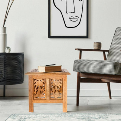 Antique Effect Square Carved Wooden Bedside Lamp Table Side End Coffee Tables Medium 38 x 38 x 39 cm