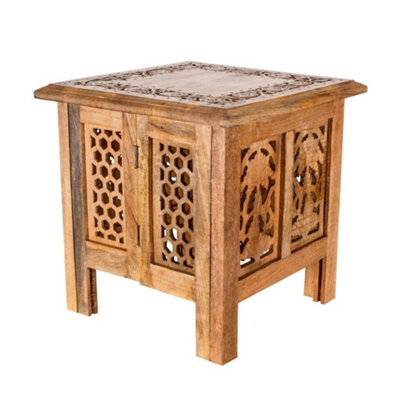 Antique Effect Square Carved Wooden Bedside Lamp Table Side End Coffee Tables Medium 38 x 38 x 39 cm