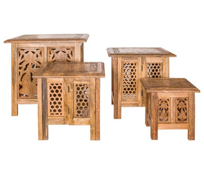 Antique Effect Square Carved Wooden Bedside Lamp Table Side End Coffee Tables Medium 38 x 38 x 39 cm