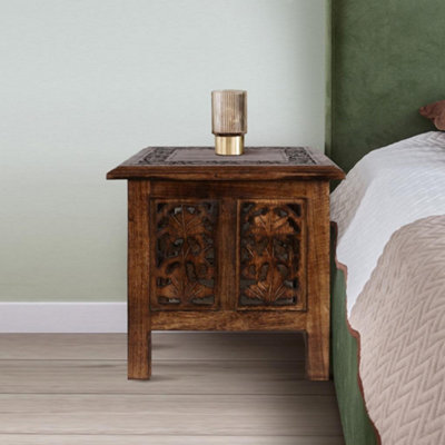 Antique Effect Square Carved Wooden Bedside Lamp Table Side End Coffee Tables Medium 38 x 38 x 39 cm