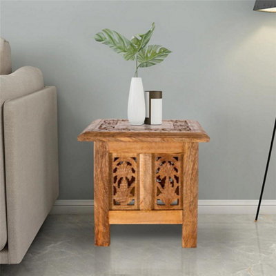 Antique Effect Square Carved Wooden Bedside Lamp Table Side End Coffee Tables Pine, Small 30x30x31 cm