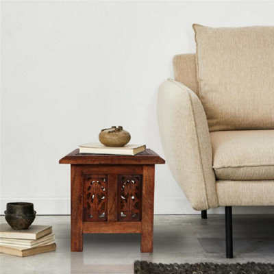 Antique Effect Square Carved Wooden Bedside Lamp Table Side End Coffee Tables Small 30 x 30 x 31 cm