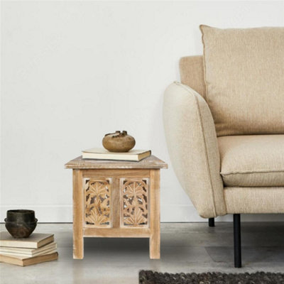 Antique Effect Square Carved Wooden Bedside Lamp Table Side End Coffee Tables Small 30 x 30 x 31 cm