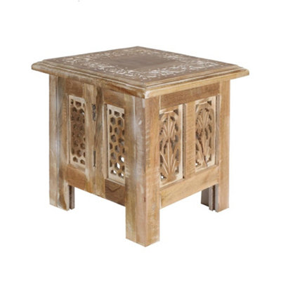 Antique Effect Square Carved Wooden Bedside Lamp Table Side End Coffee Tables Small 30 x 30 x 31 cm
