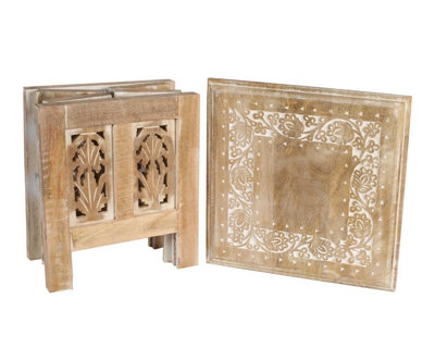 Antique Effect Square Carved Wooden Bedside Lamp Table Side End Coffee Tables Small 30 x 30 x 31 cm