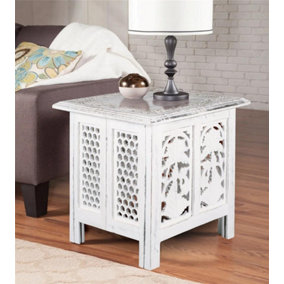 Antique Effect Square Carved Wooden Bedside Lamp Table Side End Coffee Tables White, Large 45x45x46 cm