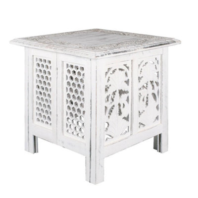 Antique Effect Square Carved Wooden Bedside Lamp Table Side End Coffee Tables White, Large 45x45x46 cm