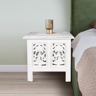 Antique Effect Square Carved Wooden Bedside Lamp Table Side End Coffee Tables White, Medium 38x38x39 cm