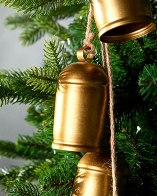 Antique Gold Hanging Christmas Bells, 64 cm, 4 Metal Bells on Jute String