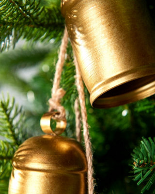 Antique Gold Hanging Christmas Bells, 64 cm, 4 Metal Bells on Jute String