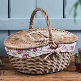 Antique Oval Wicker Summer Outdoor Garden Picnic Basket with Rose Lining