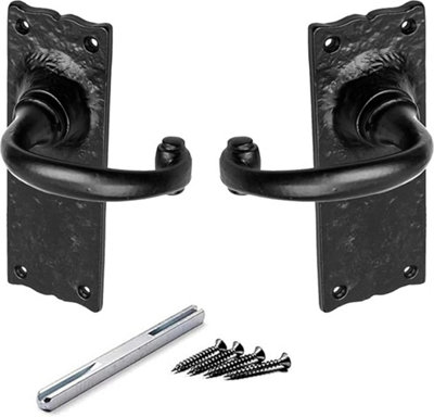 Antique Regal Suite Lever on Plate Door Handle Long Latchplate Black Finish Malleable Iron Handles with Spindle & Screws