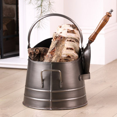 Antique Style Silver Fireplace Coal & Log Storage Bucket and Shovel