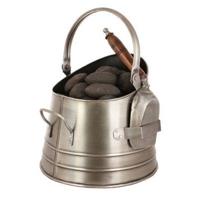 Antique Style Silver Fireplace Coal & Log Storage Bucket and Shovel