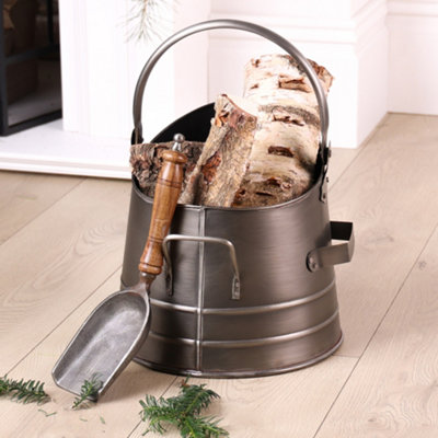Antique Style Silver Fireplace Coal & Log Storage Bucket and Shovel - 3