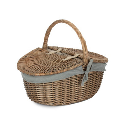 Antique Wash Finish Oval Picnic Basket with Grey Sage Lining